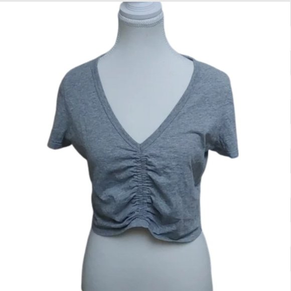 ARITZIA Wilfred Free gray cropped ruffled top short sleeves size Small - Picture 2 of 11